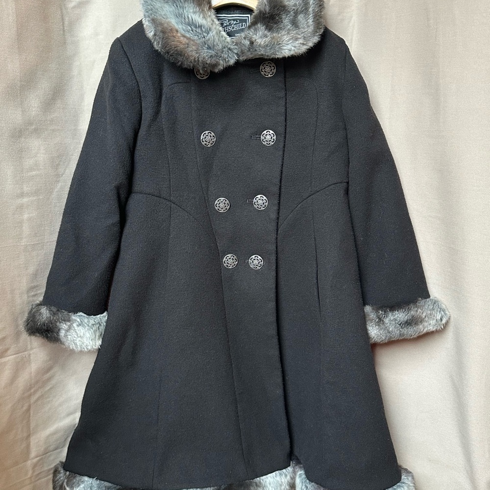Rothschild Double-breasted Black Coat with Faux Fur Accents